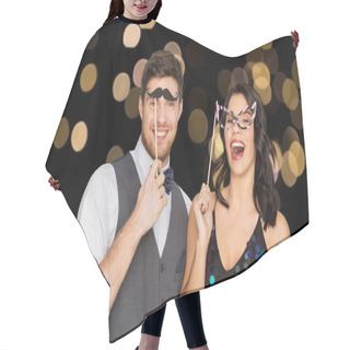 Personality  Happy Couple With Party Props Having Fun Hair Cutting Cape