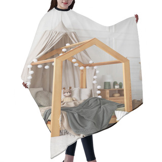 Personality  Stylish Child Room Interior With Wooden House Bed Hair Cutting Cape