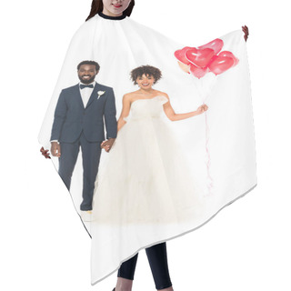Personality  Cheerful African American Bridegroom Holding Hands With Happy Bride With Balloons Isolated On White  Hair Cutting Cape