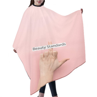 Personality  Cropped View Of Woman Showing Middle Finger And Card With Beauty Standards Lettering On Pink Background  Hair Cutting Cape