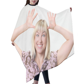 Personality  Portrait Of Crazy Funny Woman Hair Cutting Cape