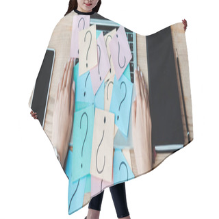 Personality  Panoramic Shot Of Woman Near Sticky Notes With Question Marks On Laptop  Hair Cutting Cape