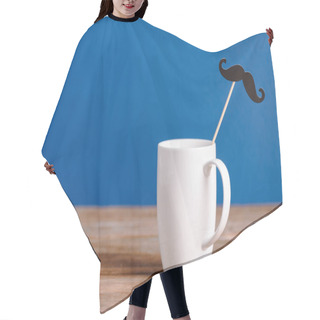 Personality  White Cup And Black Decorative Paper Fake Mustache On Wooden Surface Isolated On Blue Hair Cutting Cape