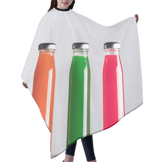 Personality  Row Of Glass Bottles With Multicolored Juice Isolated On Grey Hair Cutting Cape