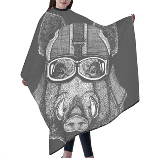 Personality  Portrait Of Wild Hog, Boar, Pig. Vintage Motorcycle Leather Helmet. Face Of Brave Animal. Hair Cutting Cape