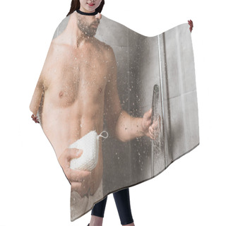 Personality  Handsome Bearded Man Holding Sponge Behind Shower Glass Hair Cutting Cape