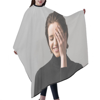Personality  Cheerful Young Woman In Black Jumper Covering Eye Isolated On Grey  Hair Cutting Cape