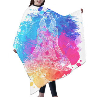 Personality  Woman Ornate Silhouette Sitting In Lotus Pose. Meditation Concept. Vector Illustration. Over Colorful Watercolor Background Hair Cutting Cape