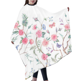 Personality  Watercolor Garden Rose Bouquet, Blooming Tree Seamless Border, Chinoiserie Floral Texture On White Hair Cutting Cape