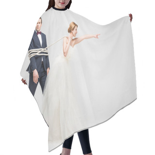 Personality  Bride Pointing And Pulling Groom Bound With Rope, Isolated On Grey, Feminism Concept Hair Cutting Cape