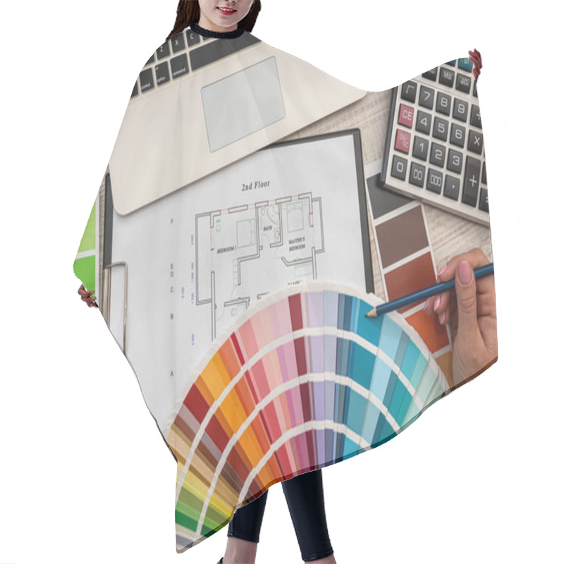 Personality  Female Interior Designer Chooses Color From The Palette, Working With House Sketch At Office Hair Cutting Cape