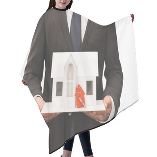 Personality  Cropped Image Of Man Holding Maquette Of House With Key Isolated On White Hair Cutting Cape