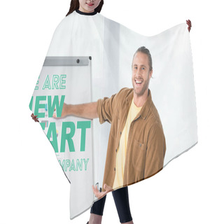 Personality  Handsome And Smiling Businessman Pointing At Flipchart With We Are New Startup Company Illustration Hair Cutting Cape