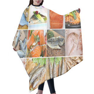 Personality  Collage Of Different Types Of Cooked And Raw Fresh Fish Hair Cutting Cape