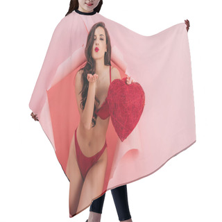 Personality  Sexy Girl In Red Lingerie Holding Decorative Heart And Sending Air Kiss While Standing In Paper Hole On Pink Background Hair Cutting Cape
