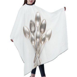 Personality  Top View Of Shiny Vintage Silver Empty Spoons On White Background Hair Cutting Cape