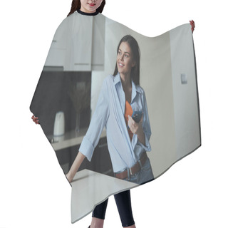 Personality  Woman Standing In Kitchen Holding Wine Glass And Looking At Camera, Lifestyle Concept Hair Cutting Cape