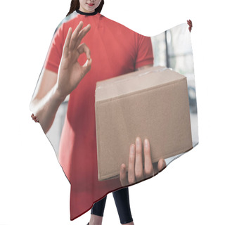 Personality  Cropped View Of Delivery Man Holding Carton Box And Showing Ok Sign  Hair Cutting Cape