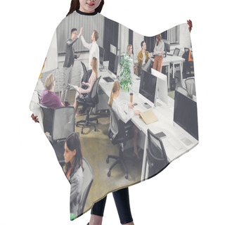 Personality  High Angle View Of Professional Multiracial Businesspeople Working Together In Open Space Office  Hair Cutting Cape