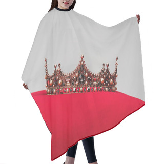 Personality  Luxury Crown On Red Velvet Cushion Isolated On Grey Hair Cutting Cape