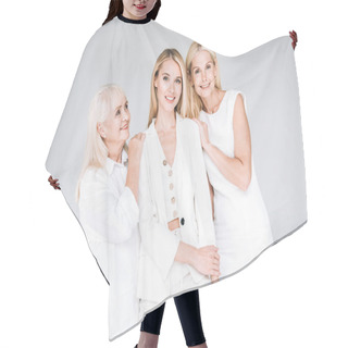 Personality  Three Generation Blonde Women Smiling Isolated On Grey Hair Cutting Cape