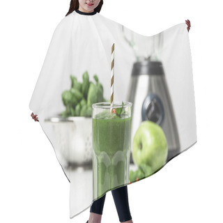 Personality  Selective Focus Of Tasty Smoothie In Glass With Straw Near Fresh Spinach Leaves, Apple And Blender On White  Hair Cutting Cape