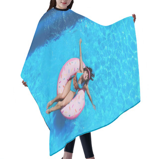 Personality  Top View Of Cheerful Woman Swimming On Swim Ring In Pool  Hair Cutting Cape