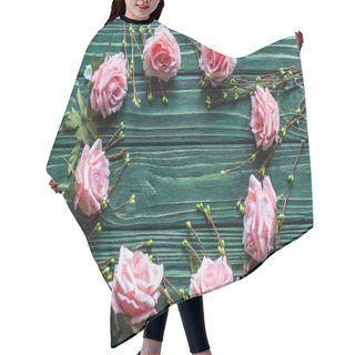 Personality  Top View Of Wooden Green Background With Blossoming Branches, Roses Hair Cutting Cape