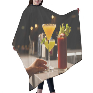 Personality  Cropped View Of Woman Touching Margarita Glass With Cold Cocktail On Bar Counter  Hair Cutting Cape
