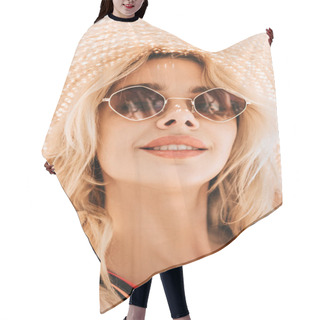 Personality  Portrait Of Beautiful Smiling Young Blonde Woman In Sunglasses And Wicker Hat Hair Cutting Cape