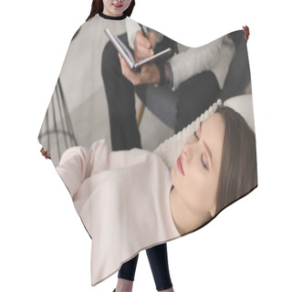 Personality  Psychotherapist And Patient In Office. Hypnotherapy Session Hair Cutting Cape