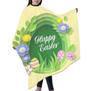 Personality  3d Layered Paper Cut Green Egg Shape Frame, Flowers, Leaves, Vector Illustration. Happy Easter Greeting Card Template. Hair Cutting Cape