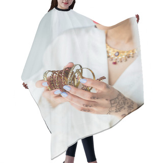 Personality  Partial View Of Young Indian Bride With Mehndi Holding Bracelets  Hair Cutting Cape