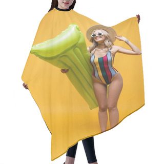 Personality  Full Length Of Positive Young Woman In Straw Hat And Swimsuit Standing With Inflatable Mattress On Yellow Hair Cutting Cape