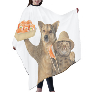 Personality  Dog And Cat Eating Sushi Hair Cutting Cape