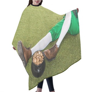Personality  Cropped View Of Leprechaun With Pot Of Gold Sitting On Green Grass Hair Cutting Cape