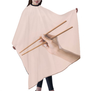 Personality  Cropped Shot Of Woman Holding Chopsticks Isolated On Beige Hair Cutting Cape