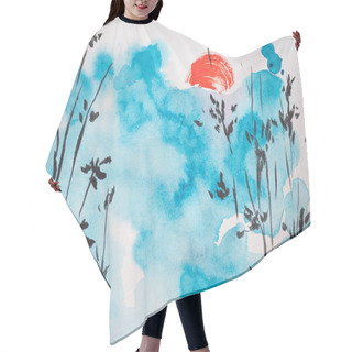 Personality  Japanese Painting With Blue Sky, Sun And Branches On White Background Hair Cutting Cape