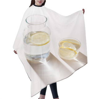 Personality  Fresh Water With Lemon Slices In Carafe And Glass On White Table With Shadows Hair Cutting Cape