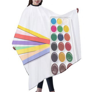 Personality  High Angle View Of Watercolor And Bright Paper Strips On White Background  Hair Cutting Cape
