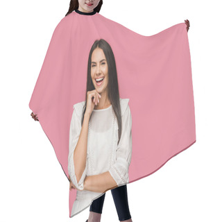 Personality  Happy Woman Touching Face And Laughing Isolated On Pink  Hair Cutting Cape