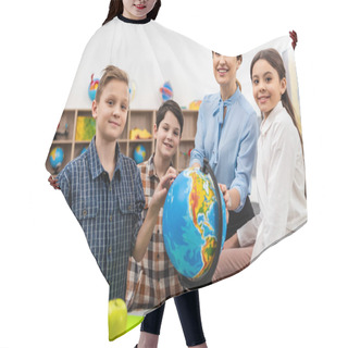 Personality  Teacher And Pupils Touching Globe With Smile While Studying Geography In Classroom Hair Cutting Cape