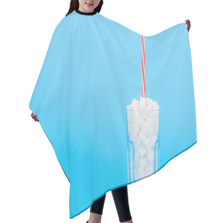 Personality  Glass With Straw And White Sugar Cubes On Blue Background With Copy Space Hair Cutting Cape