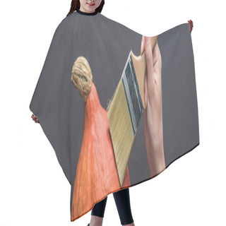 Personality  Panoramic Shot Of Woman Holding Paintbrush On Pumpkin On Black Background Hair Cutting Cape