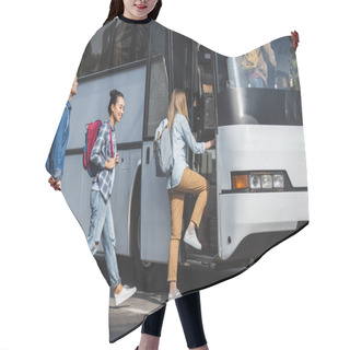 Personality  Side View Of Multicultural Friends With Backpacks Walking Into Travel Bus At Street  Hair Cutting Cape