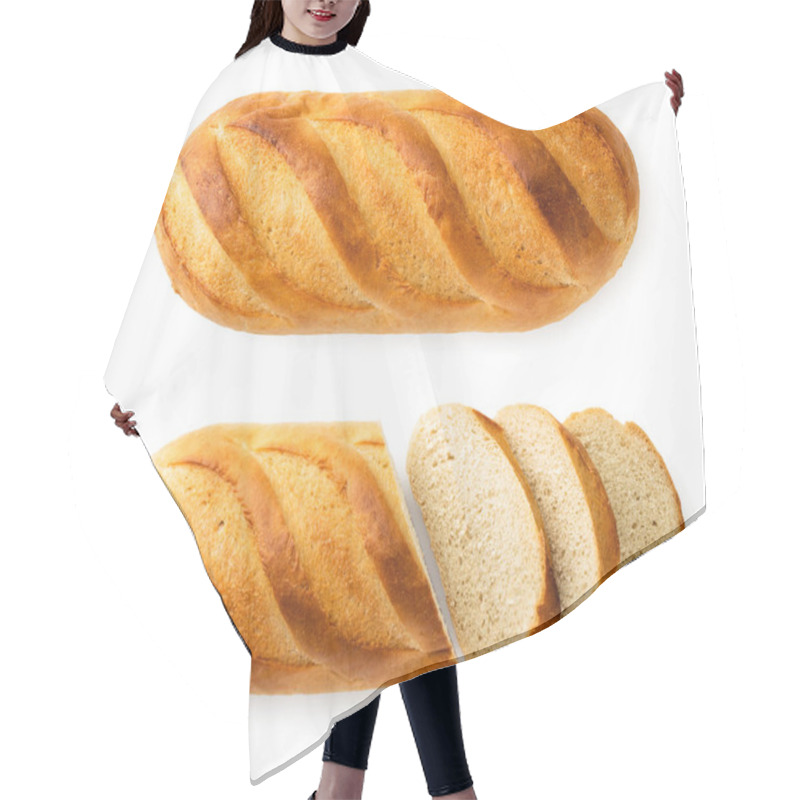 Personality  Two Loaves Of Bread And Sliced On A White. The View Of The Top. Hair Cutting Cape