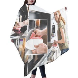 Personality  Collage Of Smiling Woman Cleaning Worktop And Washing Plate In Kitchen  Hair Cutting Cape