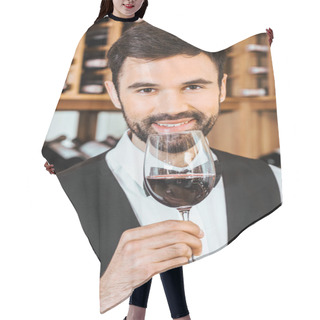 Personality  Handsome Smiling Sommelier Sniffing Red Wine From Glass At Wine Store Hair Cutting Cape