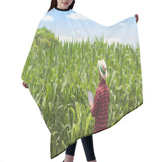 Personality  Farmer Using Digital Tablet Computer In Cultivated Corn Field Plantation Hair Cutting Cape
