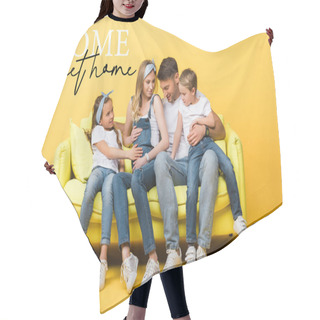 Personality  Emotional Pregnant Wife, Husband And Children Sitting On Sofa On Yellow, Home Sweet Home Illustration   Hair Cutting Cape